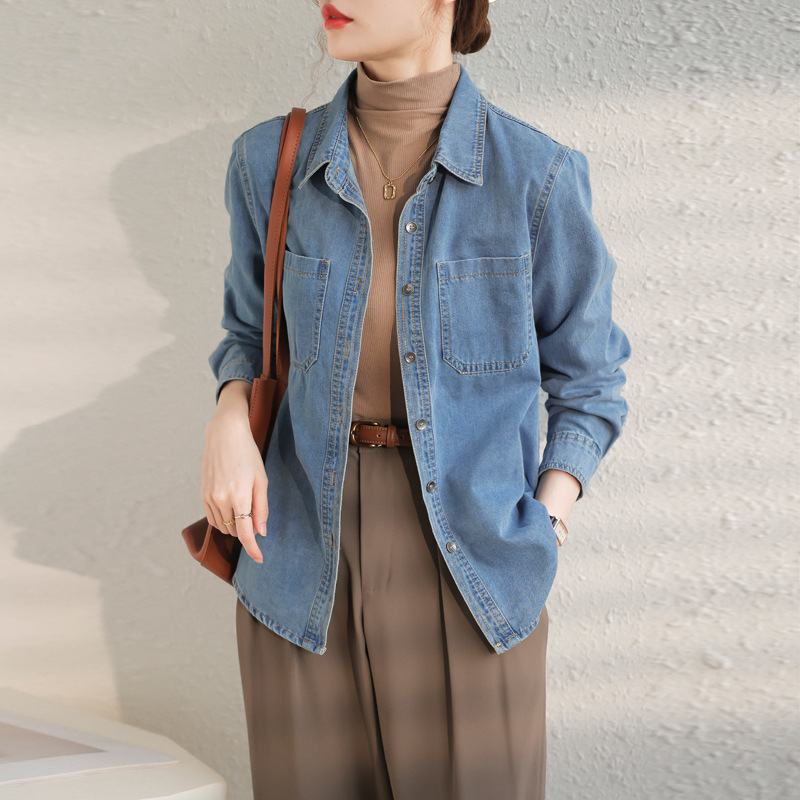 Jesen 2023. Nova retro plava mekana traper košulja za žene, višenamjenska pamučna traper košulja s ramenima