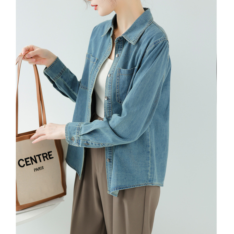 Jesen 2023. Nova retro plava mekana traper košulja za žene, višenamjenska pamučna traper košulja s ramenima