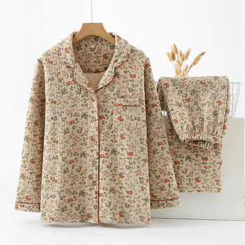 Zračna pamučna pidžama za žene za jesen i zimu, topla prošivena odjeća za život, korejska cvjetna reverna troslojna zadebljana kućna odjeća