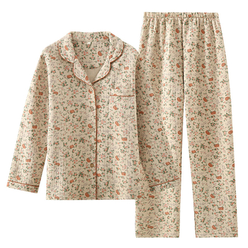 Πιτζάμες από βαμβάκι αέρα γυναικεία φθινοπωρινά και χειμωνιάτικα ζεστά καπιτονέ ρούχα διαβίωσης Κορεάτικα φλοράλ πέτα τριών στρώσεων παχιά ένδυση σπιτιού