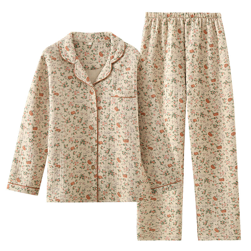 Zračna pamučna pidžama za žene za jesen i zimu, topla prošivena odjeća za život, korejska cvjetna reverna troslojna zadebljana kućna odjeća