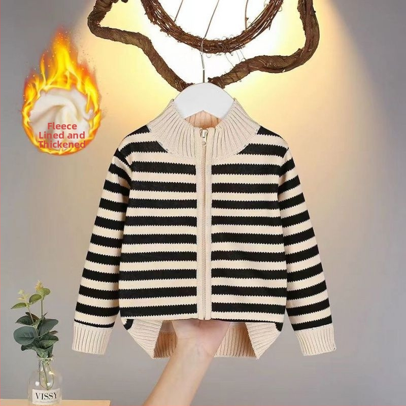 Dječja jesenska odjeća 2024. Novi stil za dječake i djevojčice, modna tanka pletena majica s prugama boje marelice, gornja odjeća