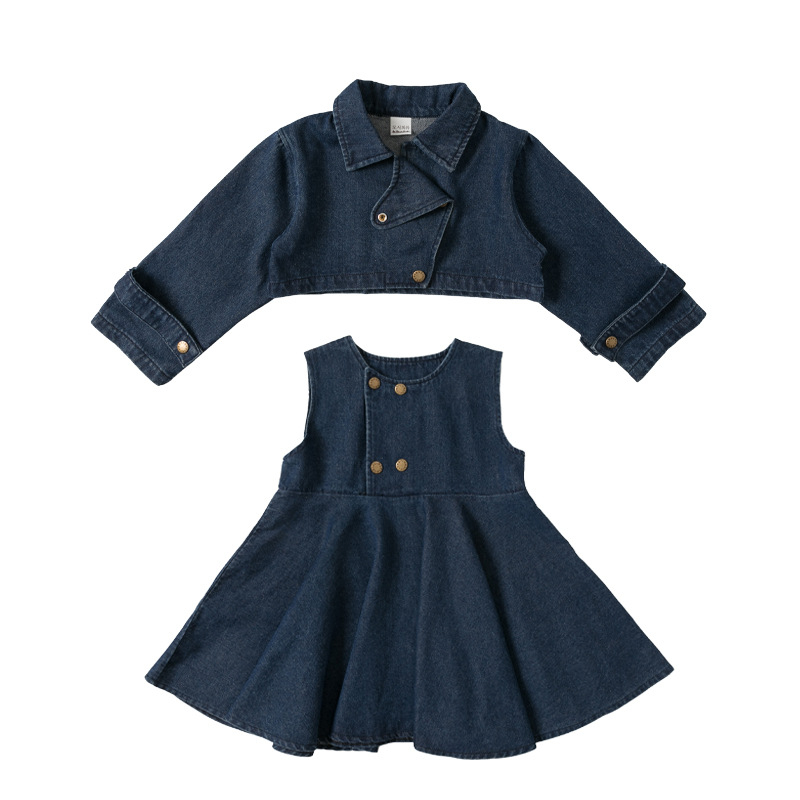 Dievčenský štýlový jarný a jesenný oblek, nový prírastok, dievčenská módna džínsová bunda, vesta, sukňa, dvojdielny set, detská jarná móda