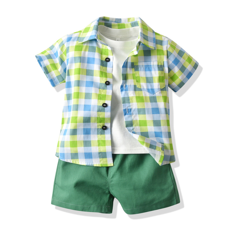 Detské oblečenie v kórejskom štýle, letné nové kockované pruhované tričko s krátkym rukávom, chlapčenský oblek, bavlnené tričko, detská trojdielna súprava