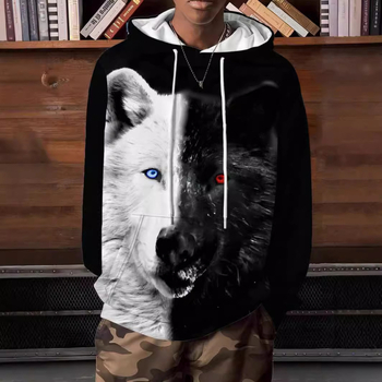 Čiernobiela dvojfarebná pánska mikina s kapucňou Arctic Wolf, šetrná k pokožke, s vreckom a sťahovacou šnúrkou, 3D digitálna potlač