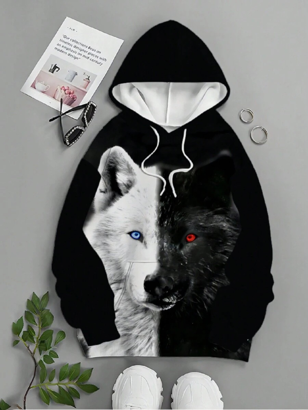 Čiernobiela dvojfarebná pánska mikina s kapucňou Arctic Wolf, šetrná k pokožke, s vreckom a sťahovacou šnúrkou, 3D digitálna potlač