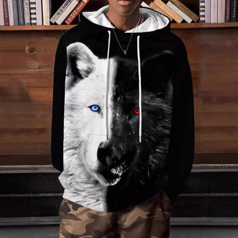 Čiernobiela dvojfarebná pánska mikina s kapucňou Arctic Wolf, šetrná k pokožke, s vreckom a sťahovacou šnúrkou, 3D digitálna potlač