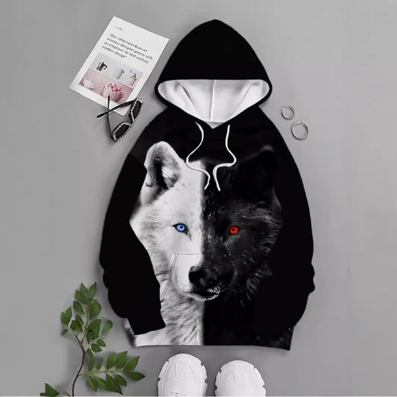 Čiernobiela dvojfarebná pánska mikina s kapucňou Arctic Wolf, šetrná k pokožke, s vreckom a sťahovacou šnúrkou, 3D digitálna potlač