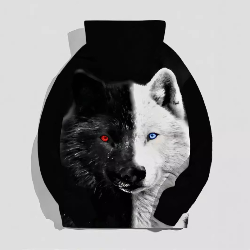 Čiernobiela dvojfarebná pánska mikina s kapucňou Arctic Wolf, šetrná k pokožke, s vreckom a sťahovacou šnúrkou, 3D digitálna potlač