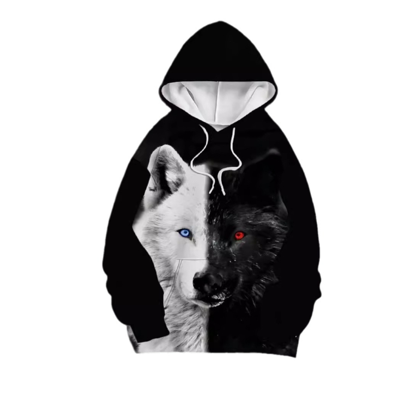 Čiernobiela dvojfarebná pánska mikina s kapucňou Arctic Wolf, šetrná k pokožke, s vreckom a sťahovacou šnúrkou, 3D digitálna potlač