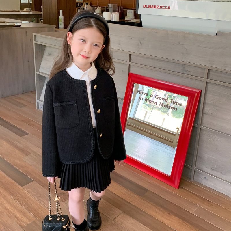 Jesen 2023. dječji kaput u Chanel stilu korejskog stila, srednje kratki kaput za djevojčice, mali zlatni top za bebe