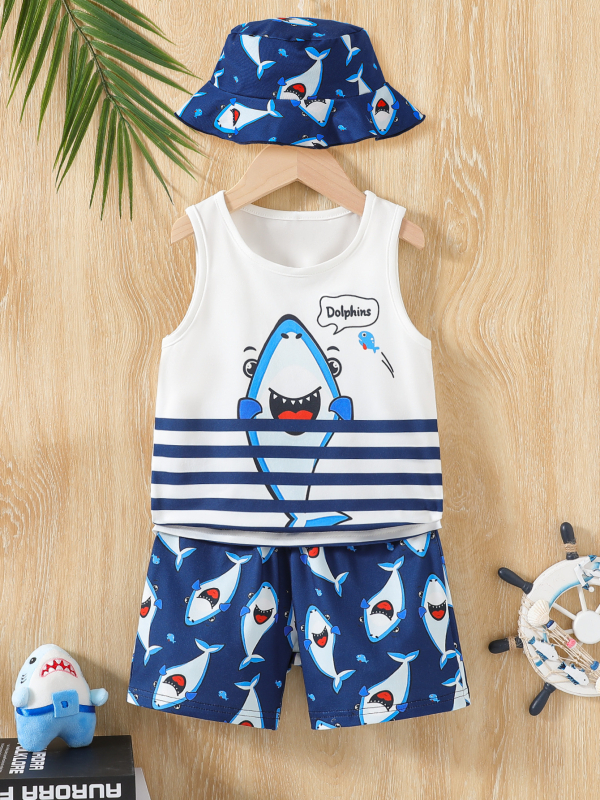 Prekogranični europski i američki dječji prsluk s okruglim izrezom i uzorkom morskog psa, kratke hlače s uzorkom morskog psa