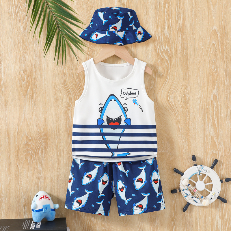 Prekogranični europski i američki dječji prsluk s okruglim izrezom i uzorkom morskog psa, kratke hlače s uzorkom morskog psa