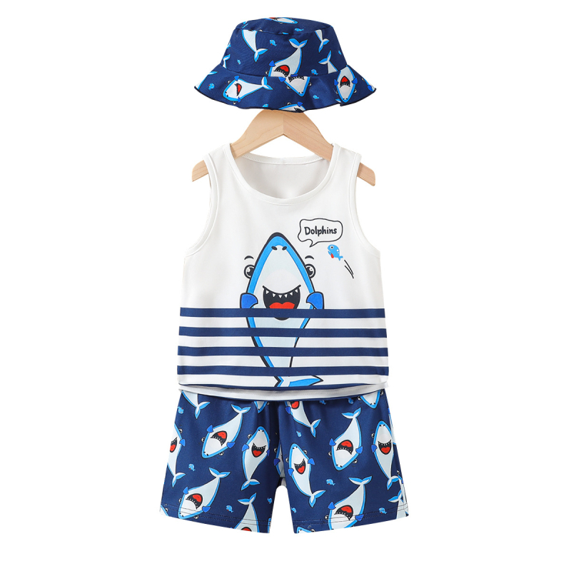 Prekogranični europski i američki dječji prsluk s okruglim izrezom i uzorkom morskog psa, kratke hlače s uzorkom morskog psa