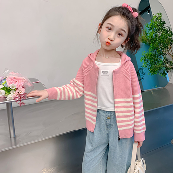 Πουλόβερ ζακέτα για κορίτσια, άνοιξη και φθινόπωρο, παιδικό μπλουζάκι με φερμουάρ, πλεκτό μπουφάν με κουκούλα για κορίτσια, δυτικού τύπου K2520