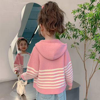 Πουλόβερ ζακέτα για κορίτσια, άνοιξη και φθινόπωρο, παιδικό μπλουζάκι με φερμουάρ, πλεκτό μπουφάν με κουκούλα για κορίτσια, δυτικού τύπου K2520