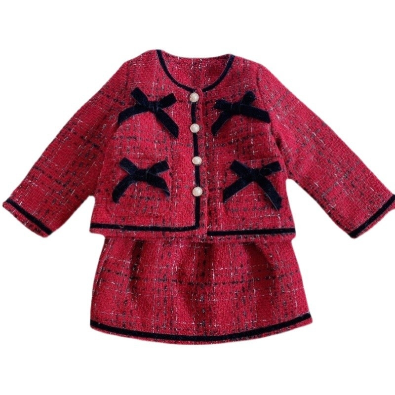 Djevojački elegantan i moderan sako u Chanel stilu, ležerno odijelo, zima 2025., novi stil, dvodijelni set s kariranom suknjom za djevojčice