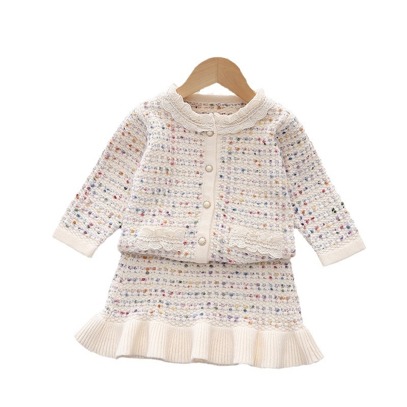 Djevojački komplet pulovera za jesen/zimu 2024., suknja s ribljim repom, dvodijelni set od čipkaste pletene suknje, kardigan suknja