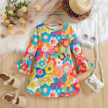 Djevojačka ležerna haljina s cvjetnim printom, okruglim izrezom, patchwork rukavima od rogova, dugih rukava, proljeće/ljeto