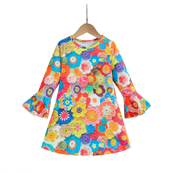 Djevojačka ležerna haljina s cvjetnim printom, okruglim izrezom, patchwork rukavima od rogova, dugih rukava, proljeće/ljeto