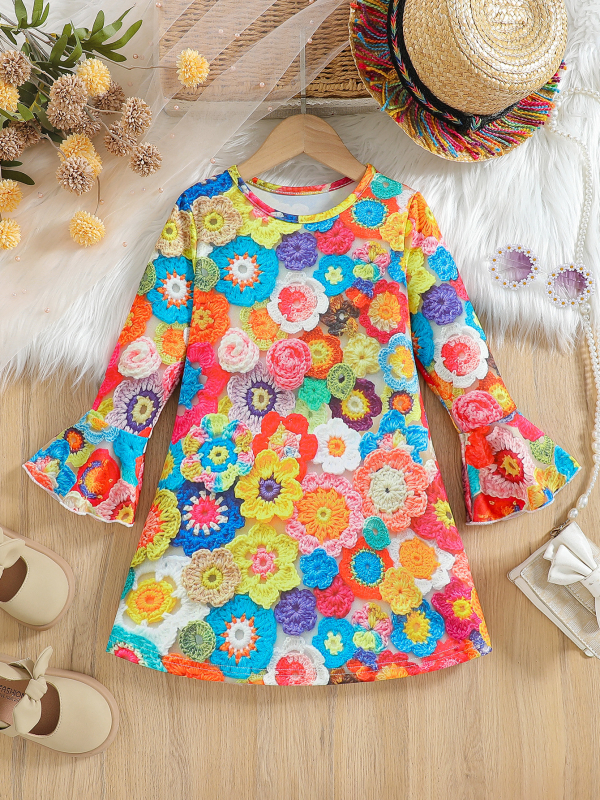 Djevojačka ležerna haljina s cvjetnim printom, okruglim izrezom, patchwork rukavima od rogova, dugih rukava, proljeće/ljeto