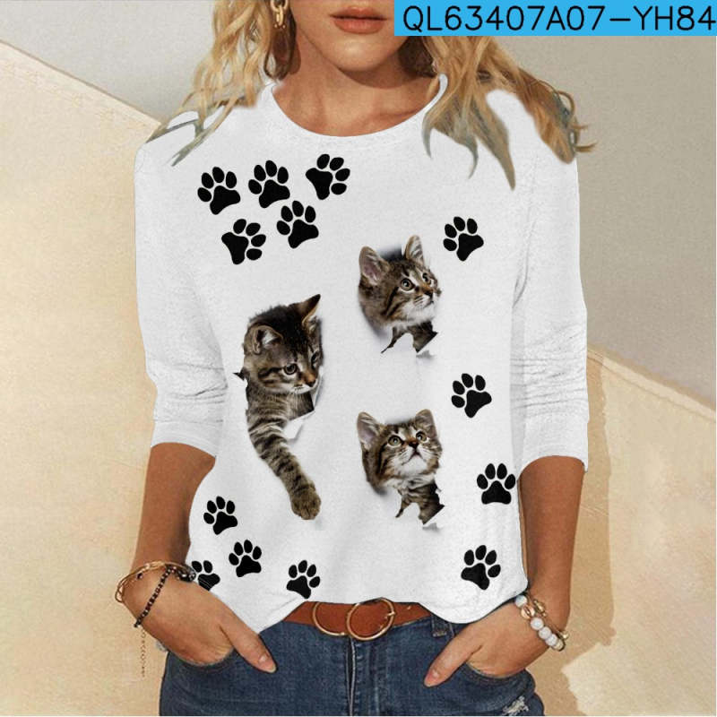 2023 prekogranični mačji element kreativni tisak 3D digitalni tisak ležeran trend 3D ženska majica dugih rukava