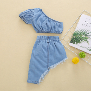 Εκρήξεις κοριτσιών καλοκαιρινό στράπλες τζιν τοπ ακανόνιστη φούστα τζιν σε απόθεμα εργοστάσιο άμεση μια γενιά μαλλιών