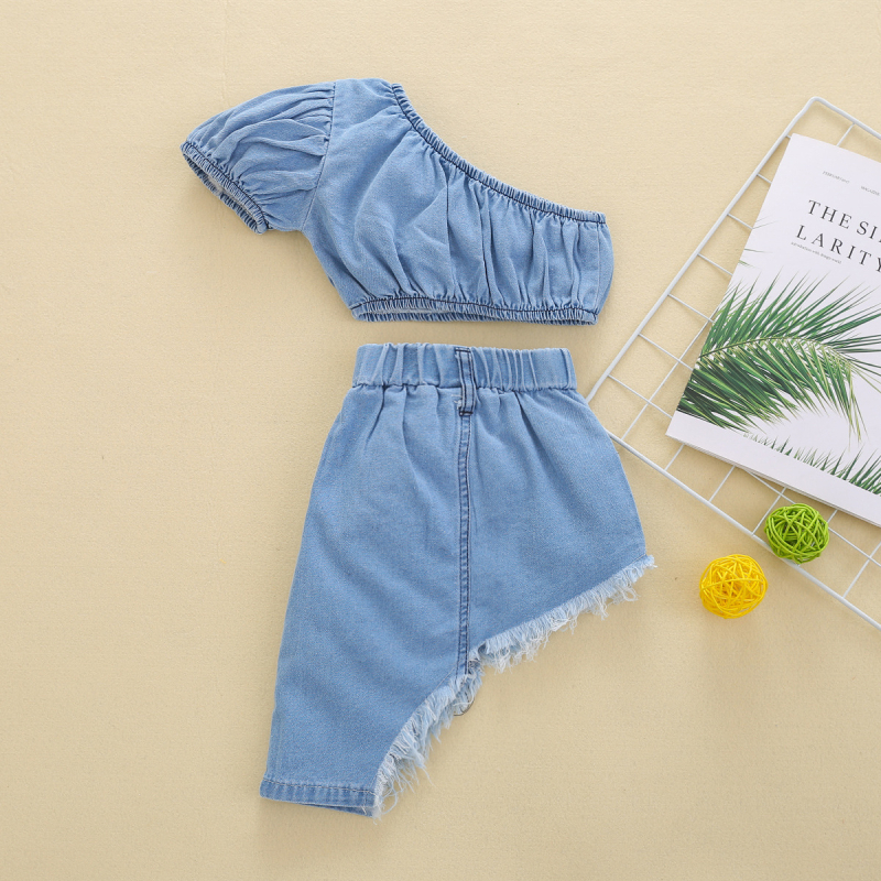 Letný dievčenský oblek Explosions bez ramienok, džínsový top, nepravidelná džínsová sukňa, skladom z továrne, priamo z generácie vlasov