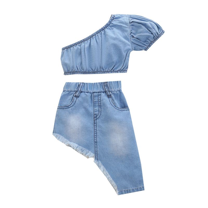 Letný dievčenský oblek Explosions bez ramienok, džínsový top, nepravidelná džínsová sukňa, skladom z továrne, priamo z generácie vlasov