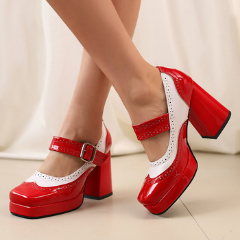 Γυναικεία παπούτσια Άνοιξη 2025 με χοντρό πάτο, μέγεθος 33-48, αγκράφα, απλά ψηλοτάκουνα, σε ασορτί χρώμα.