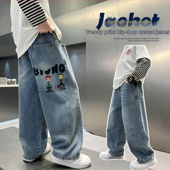 Детски пролетни панталони за момчета 2025, нов стил, големи детски пържени улични дънки, пролетни и есенни пролетни панталони за момчета