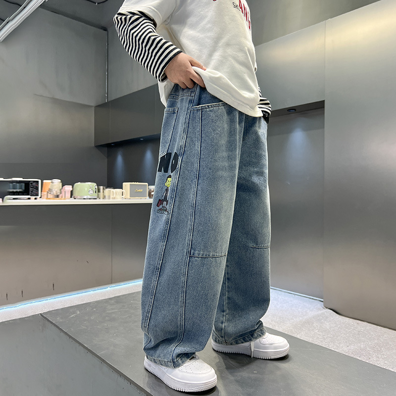 Детски пролетни панталони за момчета 2025, нов стил, големи детски пържени улични дънки, пролетни и есенни пролетни панталони за момчета