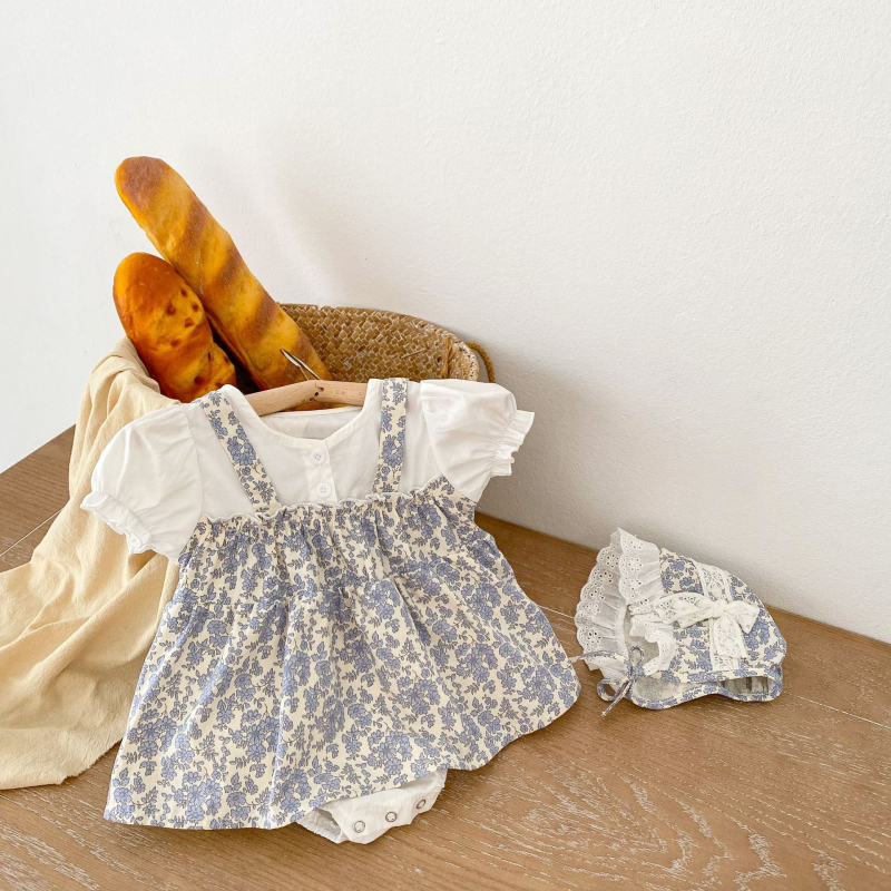 Letné novorodené bábätko, malé kvetinové princeznovské falošné dvojdielne šaty Haha, roztomilé sladké trojuholníkové oblečenie Haha