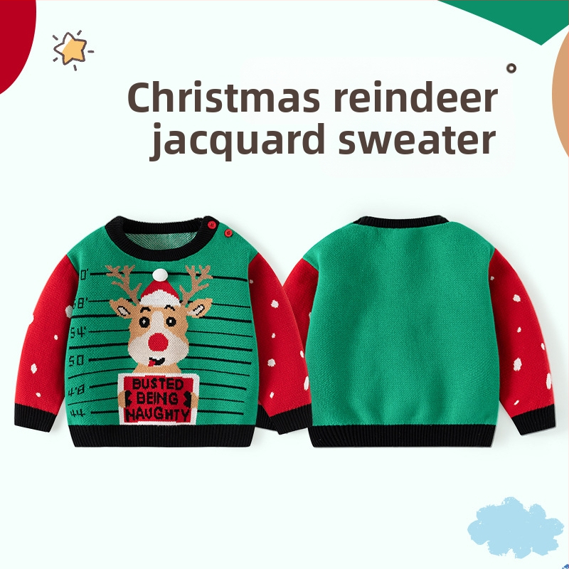 Коледен плетен детски пуловер клас А с жакардови мотиви, есенен и зимен пуловер, бебешки пуловер, памучен детски коледен пуловер