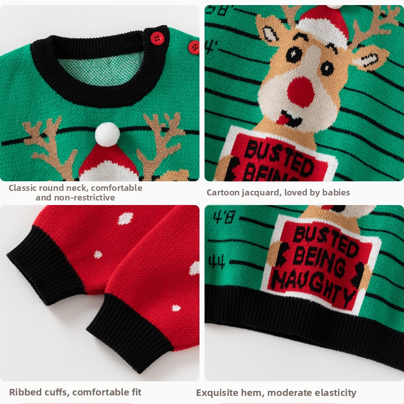 Коледен плетен детски пуловер клас А с жакардови мотиви, есенен и зимен пуловер, бебешки пуловер, памучен детски коледен пуловер