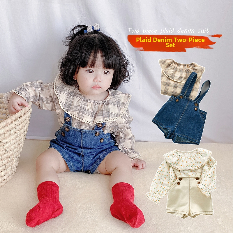 Kórejský štýl, jarné nové detské roztomilé džínsové traky, západný štýl, nastaviteľné šortky, overal, kombinéza