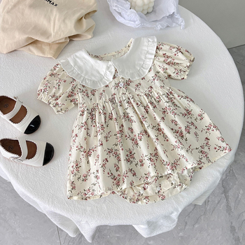 Μικρό, ολόσωμο σορτσάκι με φλοράλ βολάν για νεογέννητο μωρό, για κορεάτικο στυλ, κοντομάνικο, τριγωνικό σορτσάκι