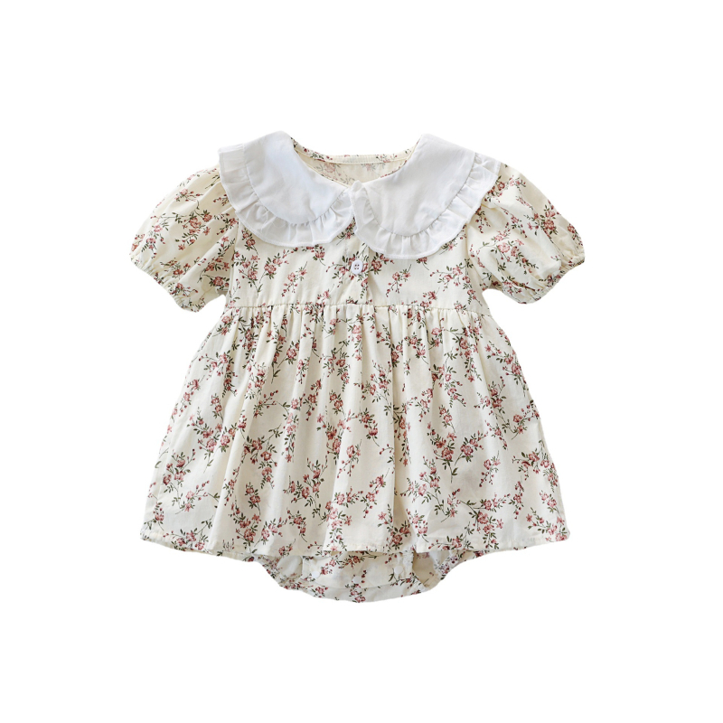 Letný dievčenský jednodielny overal v kórejskom štýle s kvetinovým vzorom a volánikom, trojuholníkový overal.