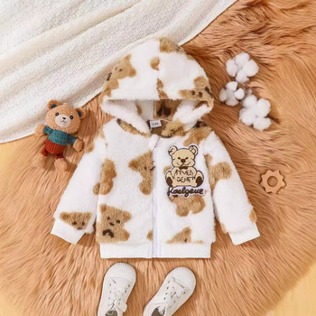 Jesenná a zimná neutrálna detská bunda s dlhým rukávom a kapucňou s roztomilou medvedíkovou vzorovanou vzorom pre bábätká a batoľatá
