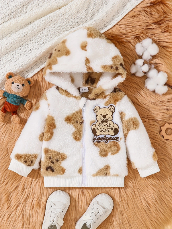 Jesenná a zimná neutrálna detská bunda s dlhým rukávom a kapucňou s roztomilou medvedíkovou vzorovanou vzorom pre bábätká a batoľatá