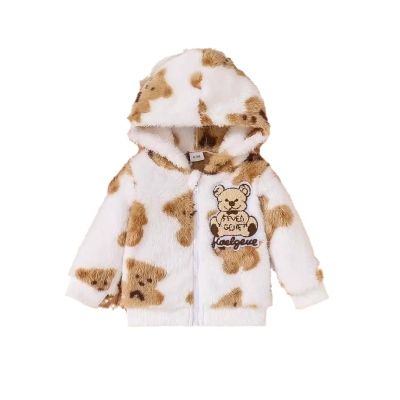 Jesenná a zimná neutrálna detská bunda s dlhým rukávom a kapucňou s roztomilou medvedíkovou vzorovanou vzorom pre bábätká a batoľatá