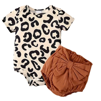 Letná sada s krátkym rukávom a leopardím vzorom pre novorodencov INS pre dievčatá, trojdielna súprava s krátkym rukávom a overalom