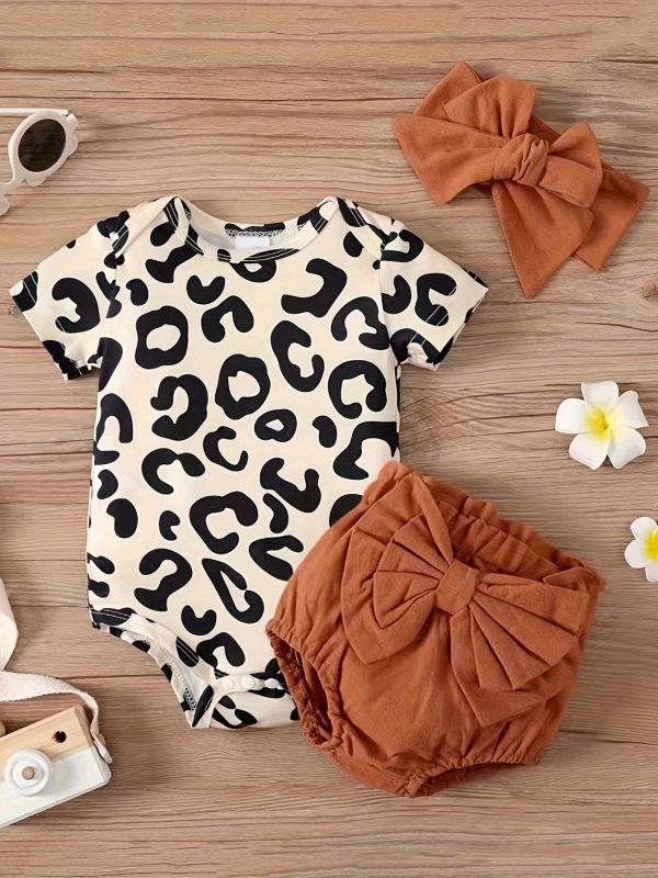 Letná sada s krátkym rukávom a leopardím vzorom pre novorodencov INS pre dievčatá, trojdielna súprava s krátkym rukávom a overalom