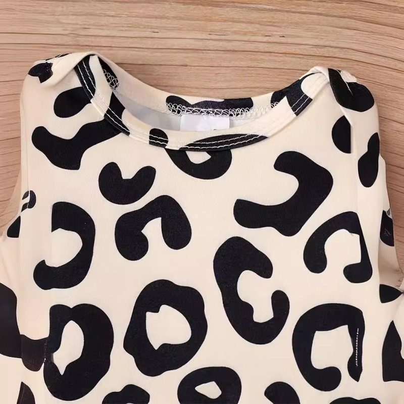 Letná sada s krátkym rukávom a leopardím vzorom pre novorodencov INS pre dievčatá, trojdielna súprava s krátkym rukávom a overalom