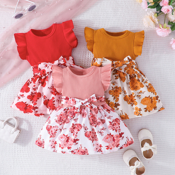 Korejska verzija modne haljine za bebe i malu djecu s letećim rukavima i printom, suknje A-kroja s printom za bebe 0-2 godine, na zalihi veleprodaje