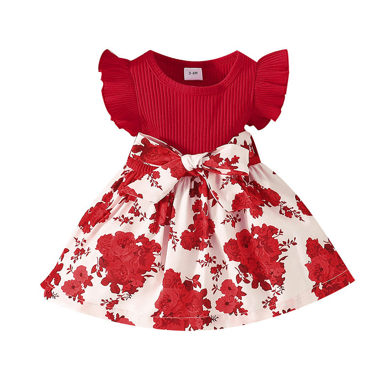Korejska verzija modne haljine za bebe i malu djecu s letećim rukavima i printom, suknje A-kroja s printom za bebe 0-2 godine, na zalihi veleprodaje