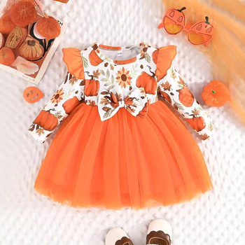 Dievčenské šaty s dlhým rukávom a mašľou s potlačou Cross-border INS pre bábätká