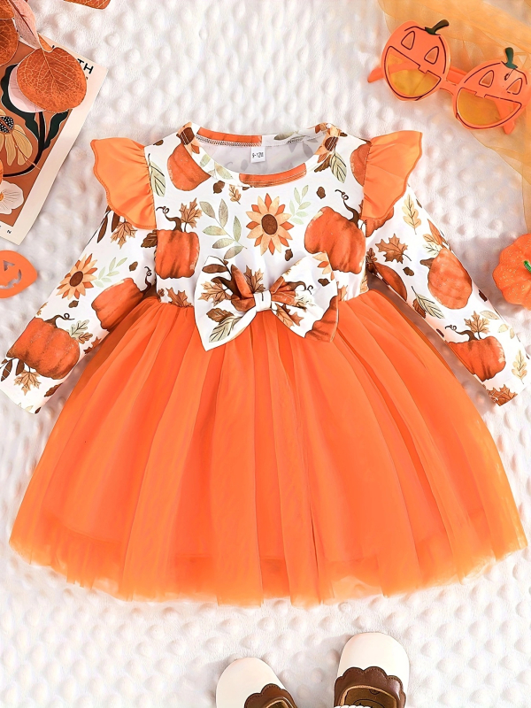 Dievčenské šaty s dlhým rukávom a mašľou s potlačou Cross-border INS pre bábätká