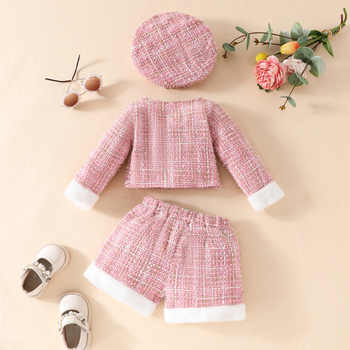 Euroopa ja Ameerika beebitüdruku Chaneli stiilis ülikond sügisene uus Mao Mao õmblusjakk, lühikesed püksid, barett, kolmeosaline piiriülene komplekt