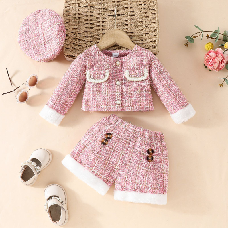 Euroopa ja Ameerika beebitüdruku Chaneli stiilis ülikond sügisene uus Mao Mao õmblusjakk, lühikesed püksid, barett, kolmeosaline piiriülene komplekt